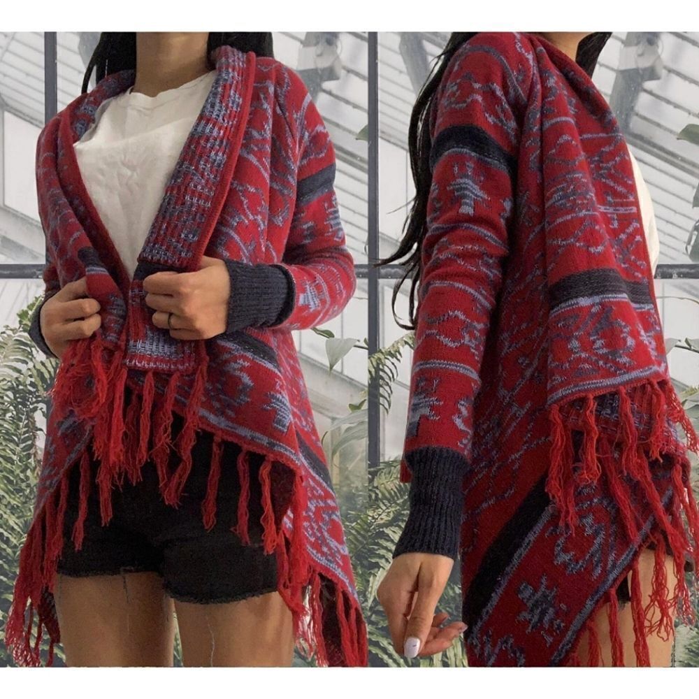 Belle Du Jour Boho Fringed Long Sleeve Patterned Cardigan
